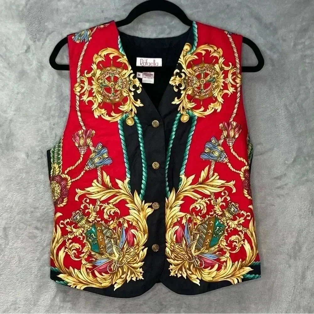 Vintage Petites Rafaella Y2K Silk Scarf Print Vest Quilted Lining Womens Sz‎ M